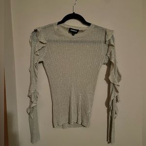 Gold metallic ruffled sleeve slightly sheer sweater.